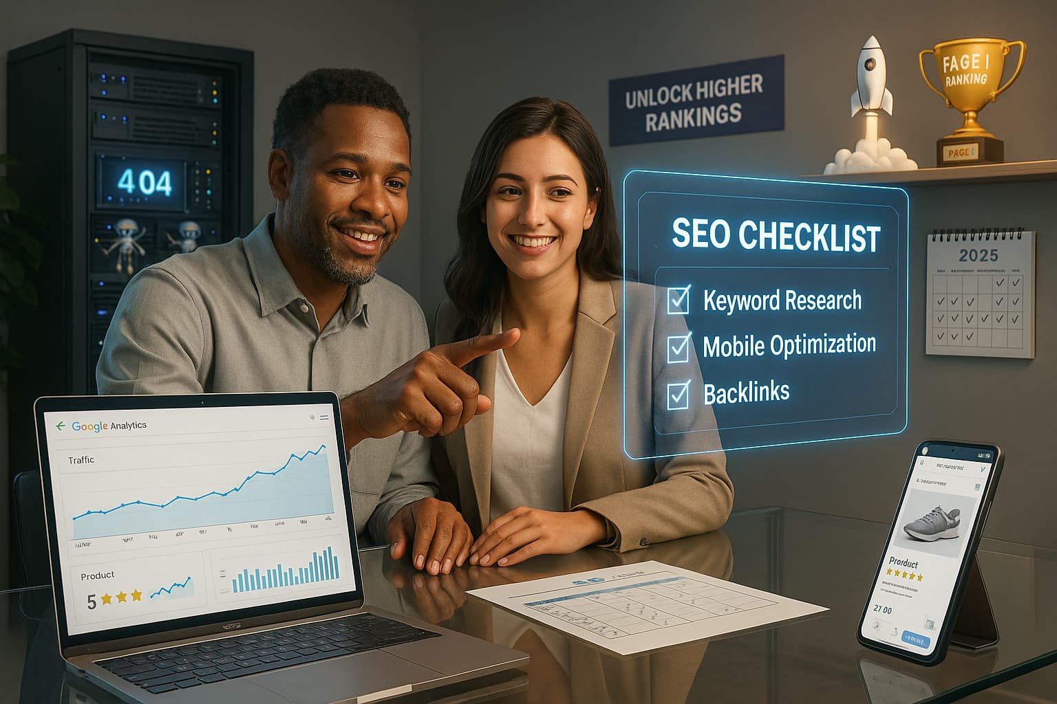 Ecommerce SEO checklist for 2025: keyword research, mobile optimization, backlinks, Google Analytics, traffic, and product optimization strategies to rank your online store higher, with a 5-star rating.